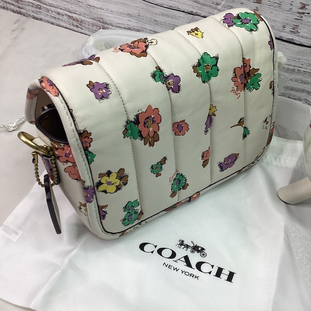 COACH DINKY 18 QUILTING FLORAL‎ BAG NAPPA LEATHER CHALK MULTI PURSE CROSSBODY - Picture 15 of 16